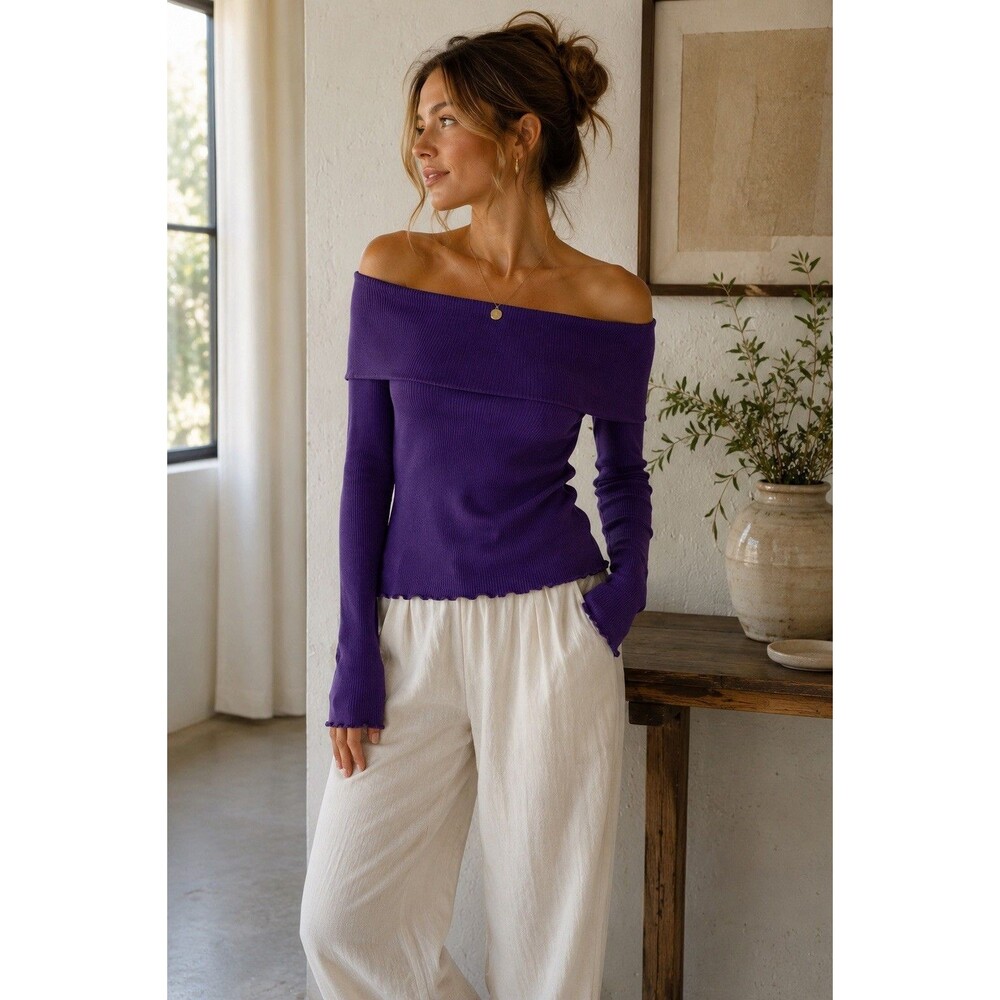 C&C California Off Shoulder Waffle Knit Top Purple Long Sleeve Women’s M